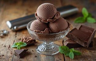 Indulgent chocolate ice cream served in a glass bowl with fresh mint leaves and chocolate chunks photo