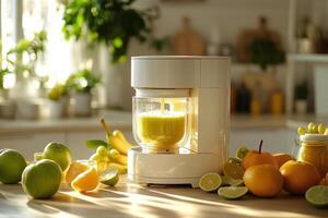 A bright kitchen filled with fresh citrus fruits and a blender preparing a refreshing juice mix photo