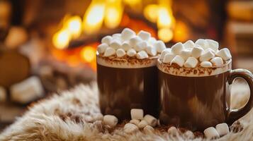 Warm mugs of hot chocolate with marshmallows by the crackling fireplace on a cozy evening photo