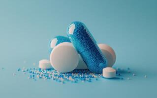 Colorful capsules and tablets scattered on a light blue surface in a clinical setting photo