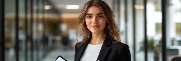 Professional woman holding documents in a modern office setting during a business day photo