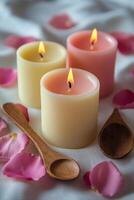 Tranquil ambiance with pink candles surrounded by rose petals on a simple surface photo