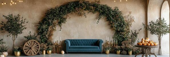 Cozy autumn decorations with a teal couch, pumpkins, and greenery in a warm setting photo