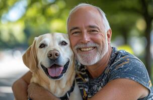 A joyful man enjoying a sunny day outdoors with his happy Labrador Retriever in the park photo