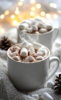 Cozy cups of hot chocolate with marshmallows on a soft blanket during a warm winter evening photo