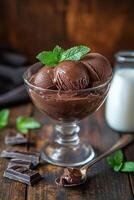 Decadent chocolate ice cream served in a glass bowl with a mint garnish and dark chocolate photo