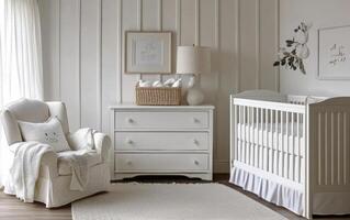 Cozy and elegant nursery featuring a crib, dresser, and comfortable armchair in soft colors photo