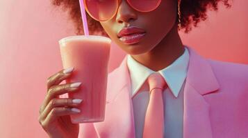 A model in a bright yellow suit holding a colorful drink against a vibrant pink background photo