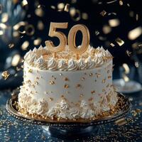 50th birthday cake adorned with golden decorations and sparkling confetti at a celebratory event photo