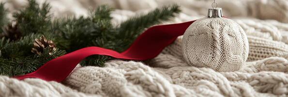 A beautifully knit blanket and a silver ornament resting on a holiday wreath in festive decor photo