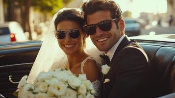 joven Pareja en clásico coche a un boda, sonriente con flores debajo brillante luz de sol foto