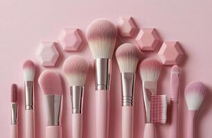 Elegant arrangement of diverse makeup brushes in a circular layout on a soft pink backdrop photo