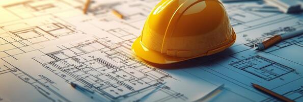 Bright yellow hard hat rests on construction plans in a well lit modern workspace photo