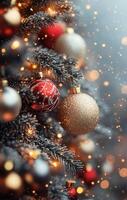 Close up of Christmas ornaments hanging on a frosted tree with warm lights in the background photo