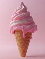 Delicious soft serve ice cream cone with strawberry swirl on a pastel pink background photo