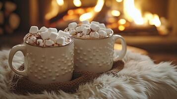 Warm mugs of hot chocolate with marshmallows by the crackling fireplace on a cozy evening photo