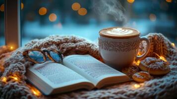 Cozy winter afternoon with coffee, cookies, and a good book by a frosted window photo