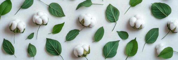 Cotton bolls and green leaves arranged aesthetically on a light background for floral decoration photo