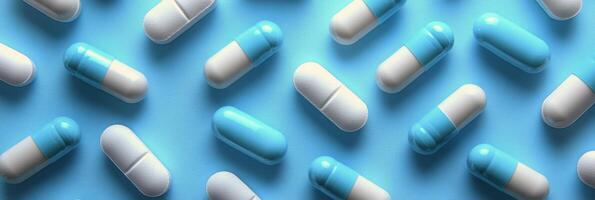 Colorful capsules scattered on a blue surface depicting a medical theme photo