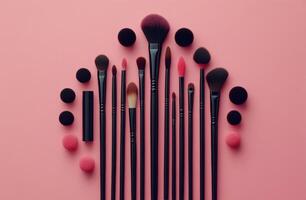 A colorful arrangement of makeup brushes and sponges on a vibrant pink background photo