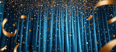 Golden confetti falls against a blue curtain backdrop during a vibrant celebration event photo