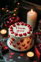 Romantic cake decorated with heart shapes and candles for a special celebration photo