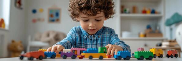 A young child plays with colorful toy train blocks in a bright indoor playroom photo
