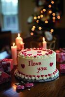 Romantic cake decorated with heart shapes and candles for a special celebration photo