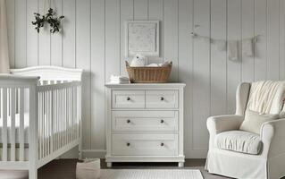 Cozy and elegant nursery featuring a crib, dresser, and comfortable armchair in soft colors photo