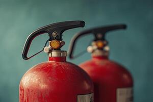 Red fire extinguishers positioned in close proximity against a teal background indoors photo