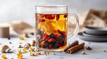 Warm herbal tea with goji berries and spices served in a glass cup on a winter day photo