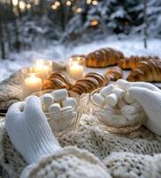 Cozy winter picnic with croissants and marshmallows in a snowy forest setting at dusk photo