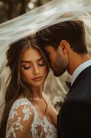 A tender moment between a bride and groom under soft wedding veil during sunset photo