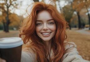 Smiling woman enjoying coffee in autumn park surrounded by colorful fall foliage photo