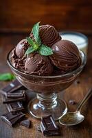 Decadent chocolate ice cream served in a glass bowl with a mint garnish and dark chocolate photo