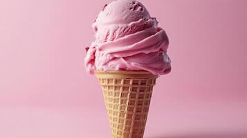 Creamy pink ice cream in a waffle cone against a pastel background photo