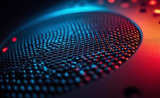 Colorful close up of a speaker cone illuminated by vibrant LED lights at a sound event photo