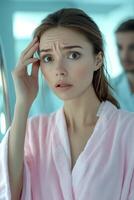 A woman in a pink robe looks concerned while touching her forehead in a bright bathroom mirror photo