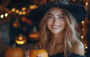 Smiling woman in a witch hat holding a pumpkin with Halloween decorations in the background photo