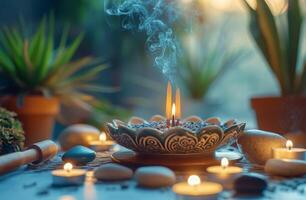 A calming incense burner with smoke rising in a serene indoor garden setup during the afternoon photo