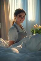 Young woman smiling in bed surrounded by soft blankets and tulips in a sunlit bedroom photo