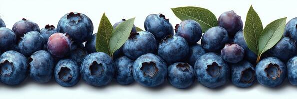 Freshly harvested blueberries with green leaves arranged on a white background photo
