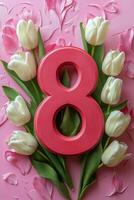 Beautiful arrangement of white tulips with a bright red number eight on a pink background photo