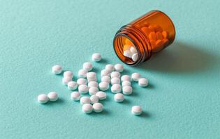 Various white pills spilled next to a glass bottle on a turquoise background at home photo