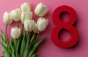 Elegant arrangement of white tulips next to a striking red number 8 on a pink background photo