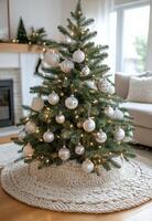 A beautifully decorated Christmas tree with ornaments and presents in a cozy living room setting photo