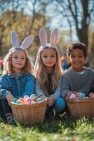 Children celebrate spring with colorful baskets and bunny ears during an outdoor egg hunt photo
