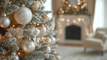 Elegant silver and white Christmas tree decorated with ornaments and flowers in a cozy setting photo