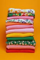 Colorful stack of folded fabrics showcasing floral patterns on a pastel pink background photo