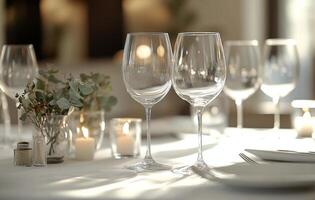 Elegant table setting for a wedding reception with candles and greenery in soft lighting photo